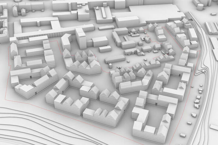 Rahmenplan für das AEG-Nordareal: 3D-Ansicht von Norden aus gesehen.  © Gehl Architects | Quelle: Webseite Stadt Nürnberg